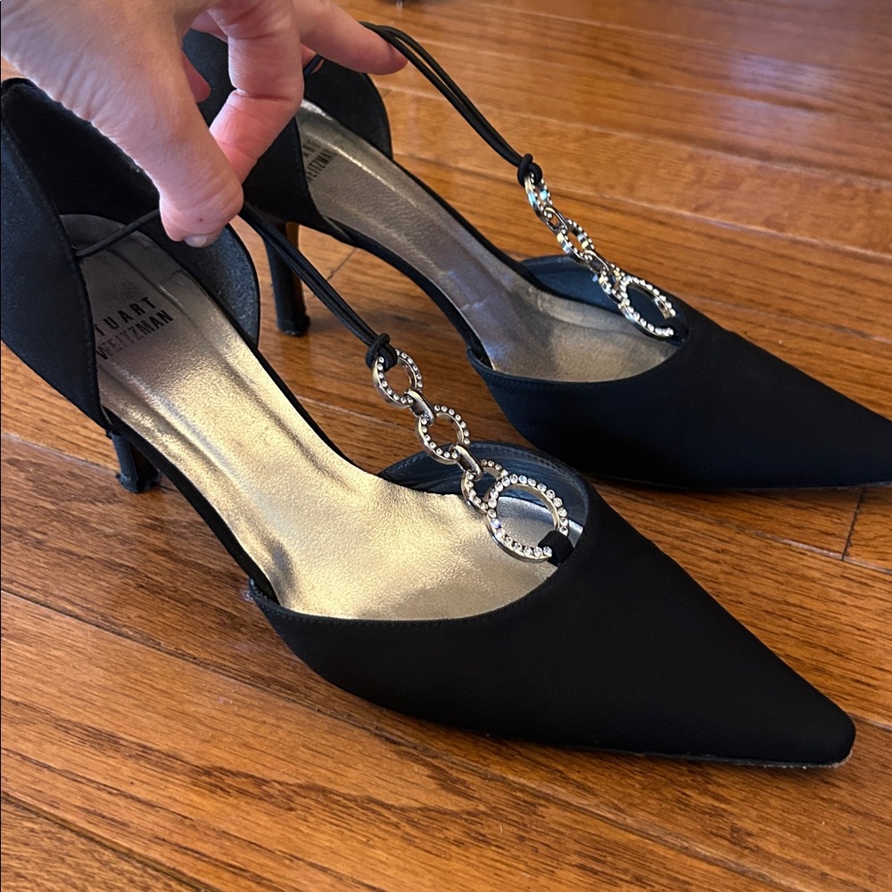 Stuart Weitzman Black Pumps with Silver & Crystal Chain Detail